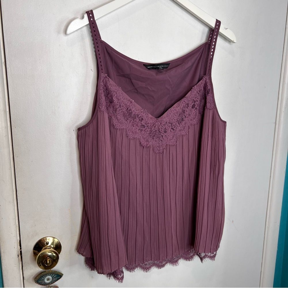 White House black market purple pleaded spaghetti straps tank blouse